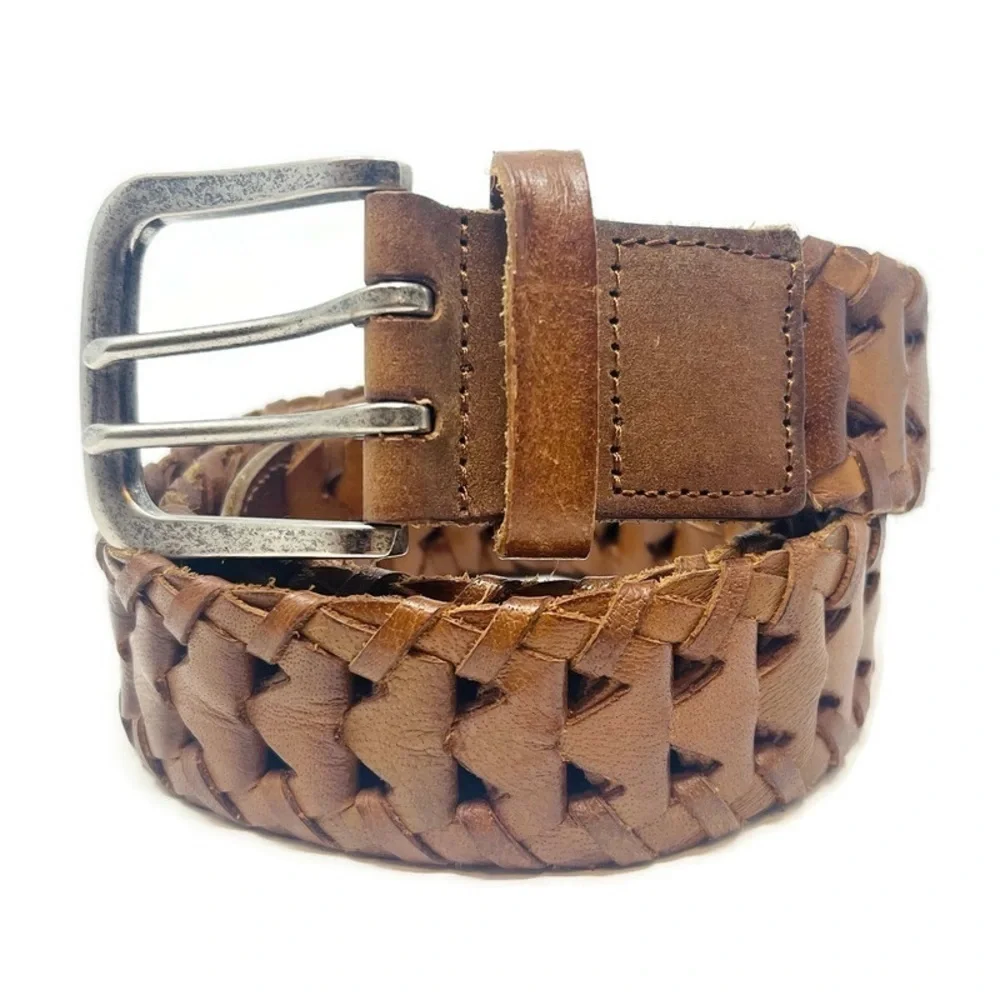 Vintage‎ Boho Full Grain Leather Braided, Woven Brown w/ Silver Toned Buckle
